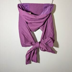 Commense Purple Linen Blend Smocked Strapless Tie Front Bandeau Crop Top